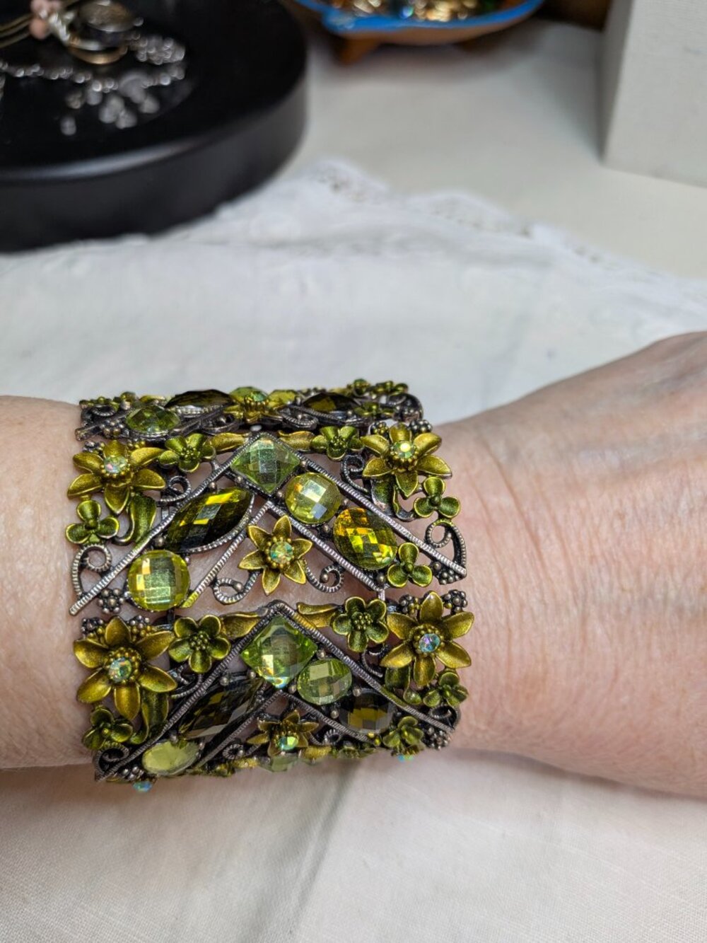 Vintage Enameled Green Rhinestone Floral Cuff Bracelet